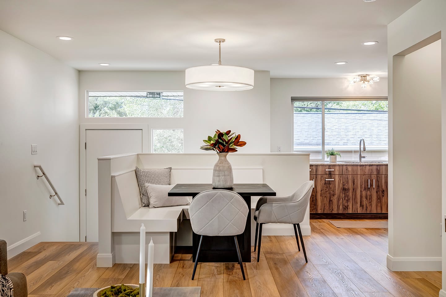 Dining room nook with a built-in bench seat.