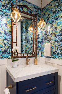 After, Interior, Powder room addition, Master Suite Remodel, Colored wallpaper, vibrant, modern Wall paper, gold leaf fixtures | Renovation Design Group