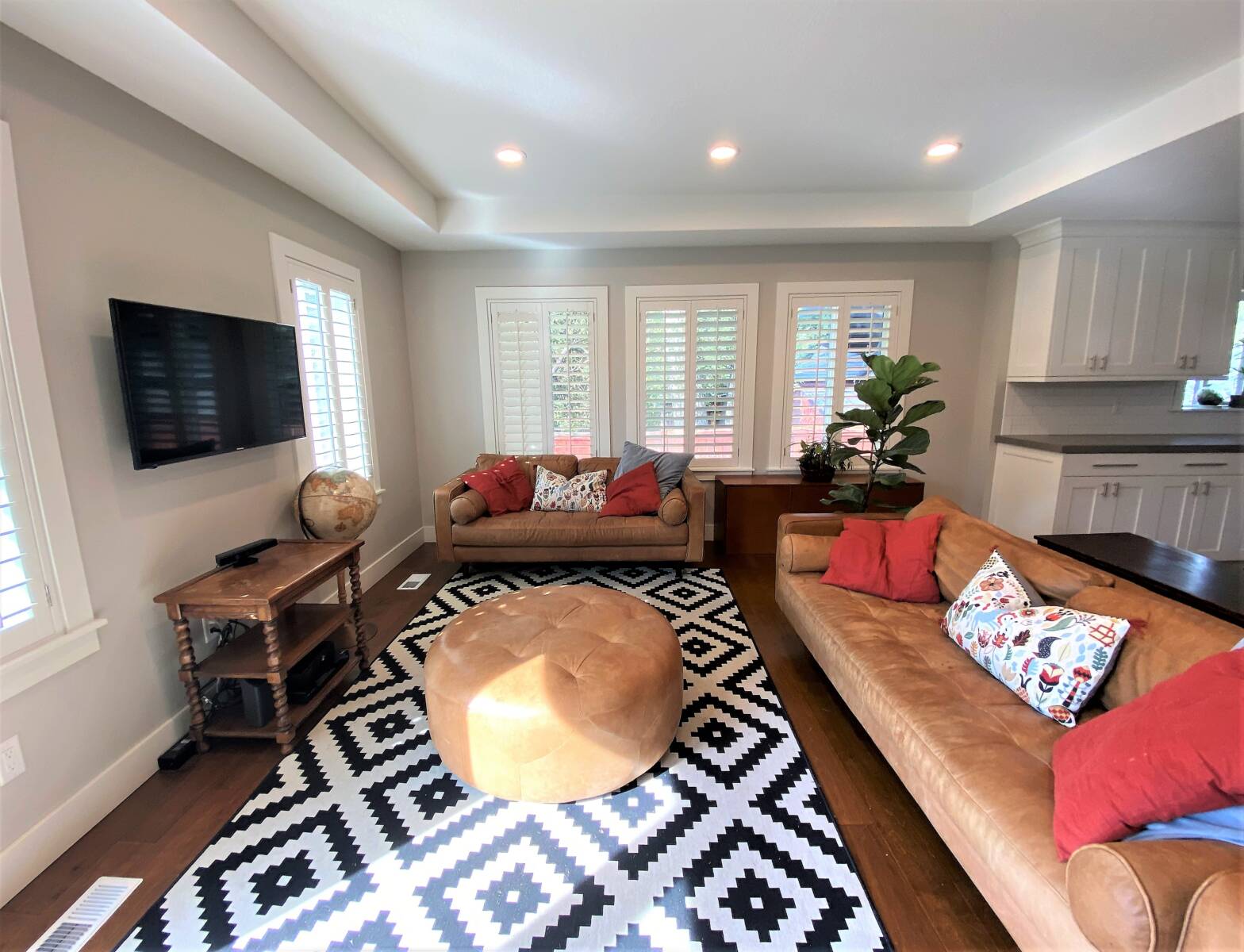 Living room with two couches, a rug, an ottoman, plants, a credenza, and a TV mounted on the wall with a side table below.