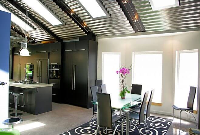 skylights and window natural light, glass table, rug Murphy Bed contemporary bed, casework, galvanized ceiling | Renovation Design Group
