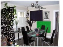 Before Contemporary Dining Room Remodel skylights and window natural light, glass table, rug Murphy Bed contemporary bed, casework, galvanized ceiling | Renovation Design Group