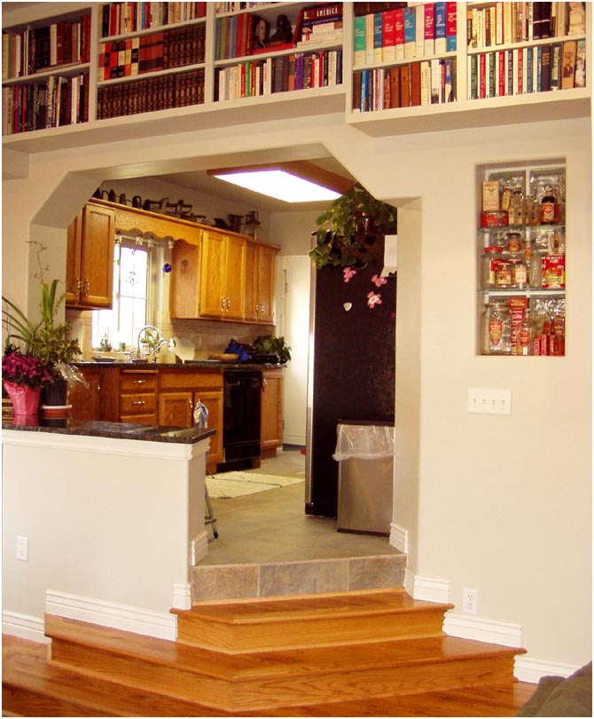 Transition Using Steps from Great Room to kitchen Addition Great Room Remodeling Addition Living Room Library | Renovation Design Group