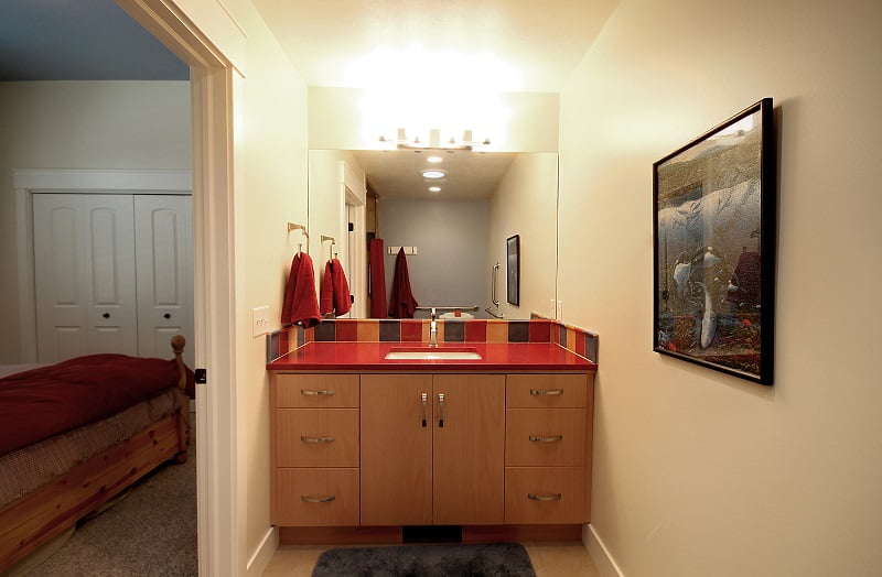 After_Interior_Bathroom Remodels_Red Vanity_Bathroom Remodeling Ideas | Renovation Design Group