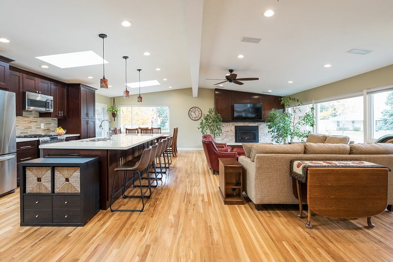 Great Room Contemporary Modern Kitchen Walls removed Fireplace Designs | Renovation Design Group