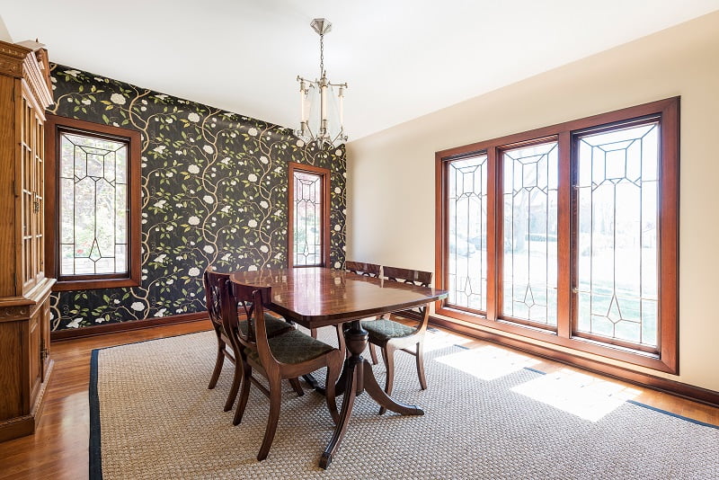 Formal Dining Room, Large Windows, Tudor Windows and Designs, Bold Wallpaper | Renovation Design Group