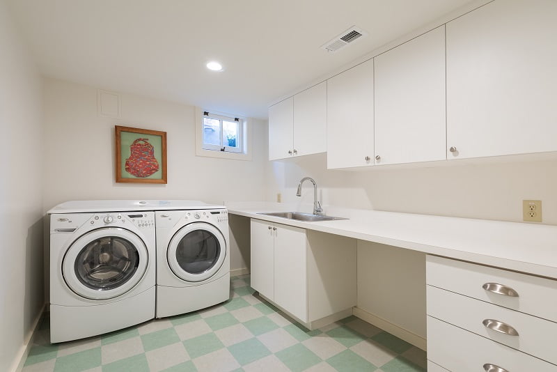 Basement Laundry Rooms, Storage in laundry Room, Tudor, Checkered Tile Flooring | Renovation Design Group