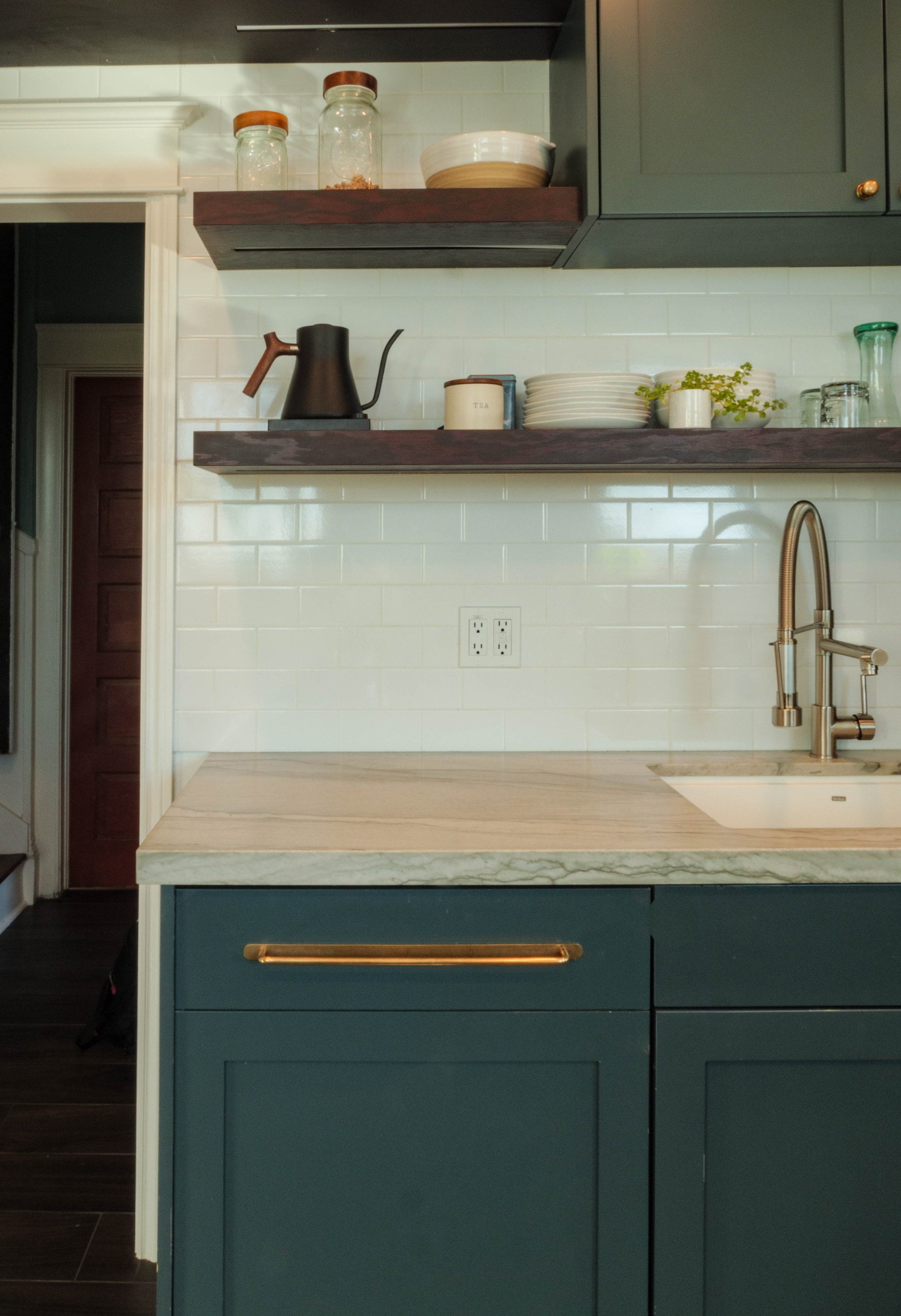 Historic home kitchen remodel with open shelving.