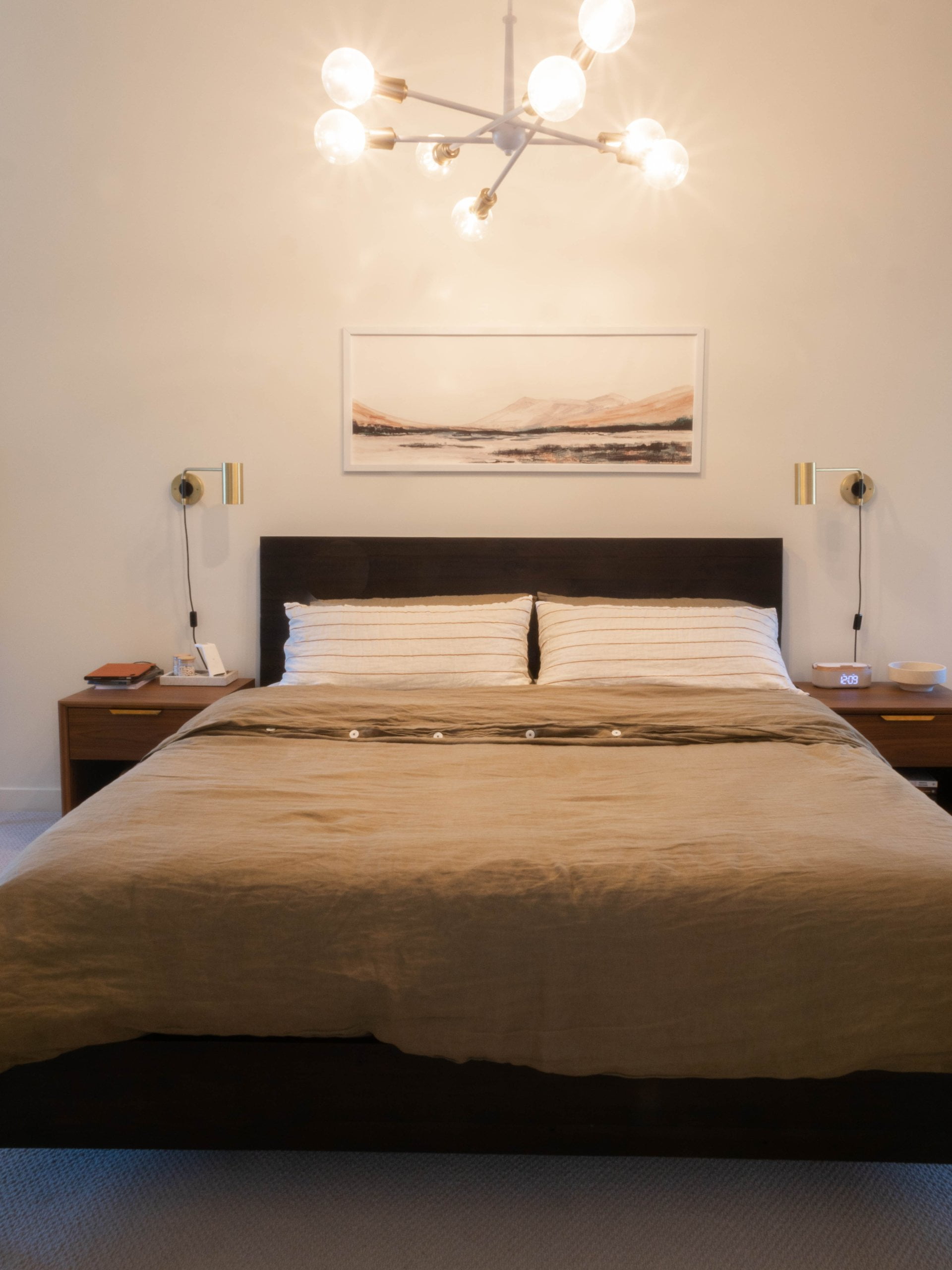 Large bed with picture above and nightstands on either side. A light hangs in the center, above the bed, as well as from the wall above each nightstand.