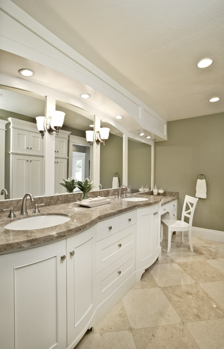 Large bathroom with Double sink and silver hardware with white tile floors | Renovation Design Group