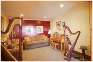 music room with piano and harp | Renovation Design Group