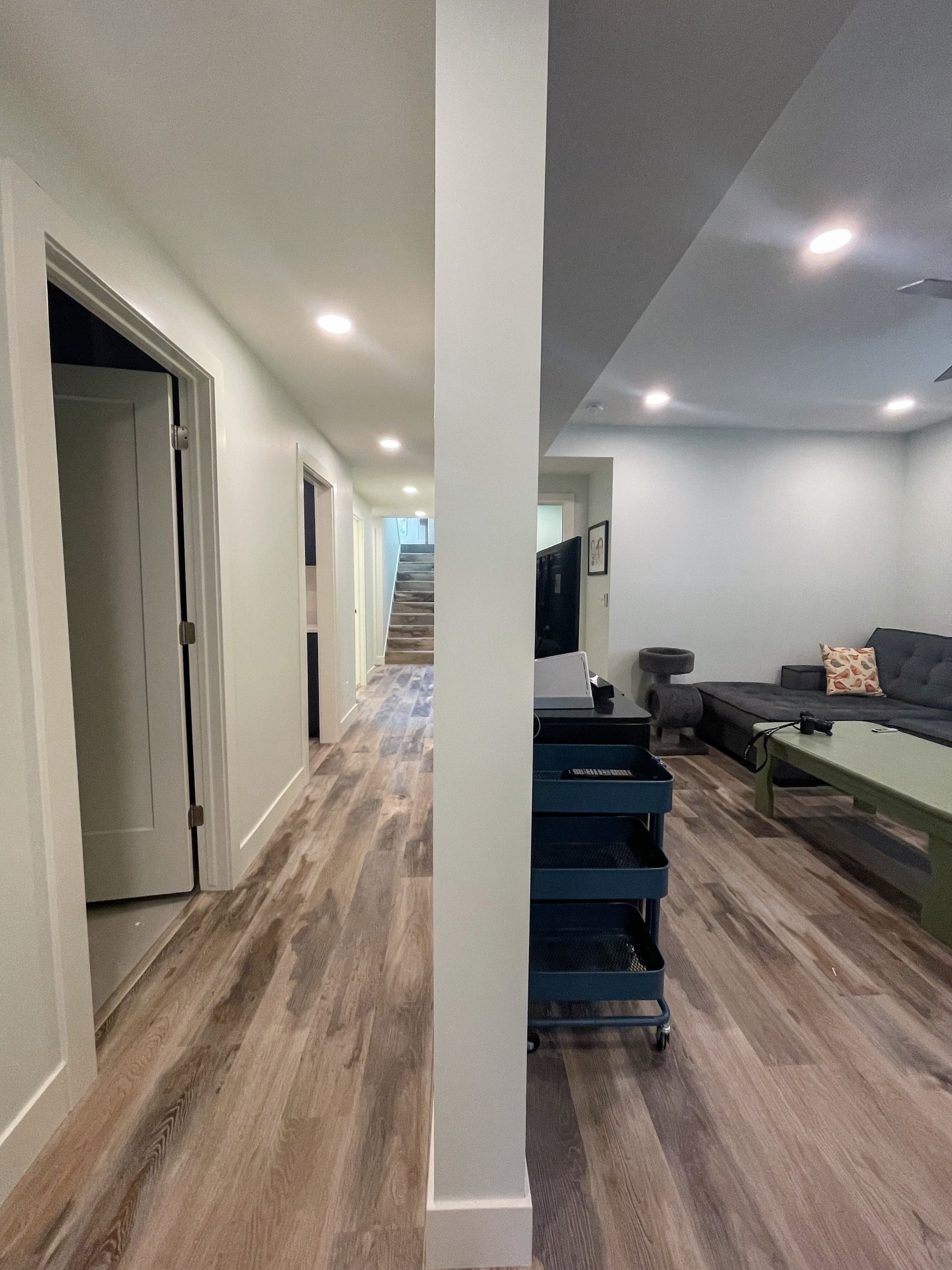 Basement hallway on one side and family room on the other side.