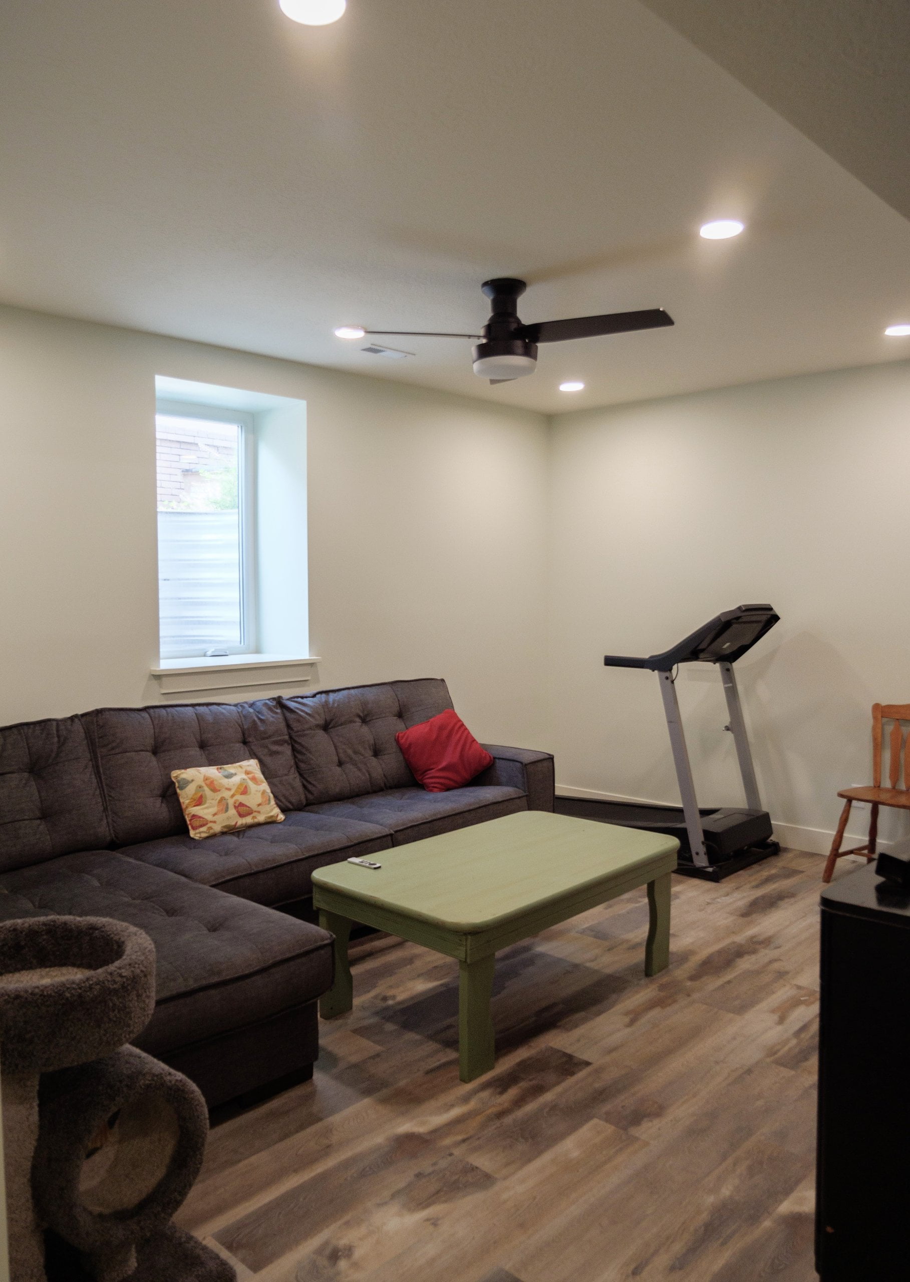 Basement family room with couch, coffee table, and treadmill.