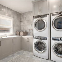 Thumbnail of http://Large,%20modern%20laundry%20room%20with%20storage,%20hanging%20space,%20a%20sink,%20and%20two%20sets%20of%20stacked%20washer%20and%20dryers.