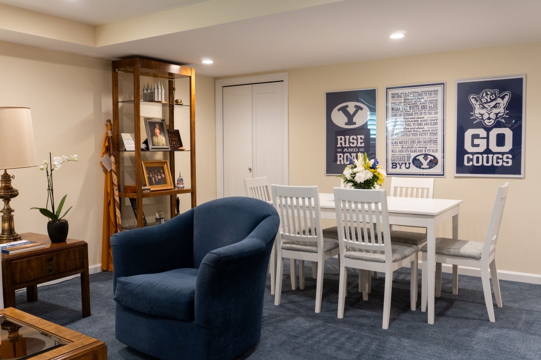 Family room game table on blue carpet