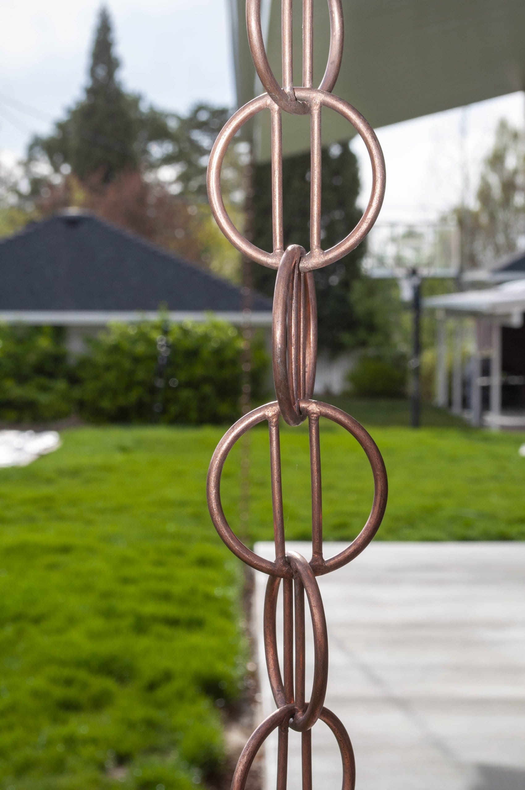 Rain chain on the backyard covered patio.