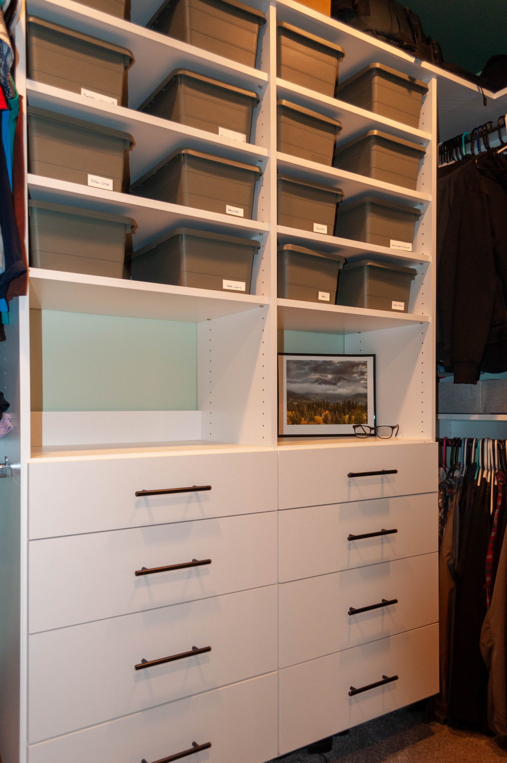 Closet with drawers and shelves.