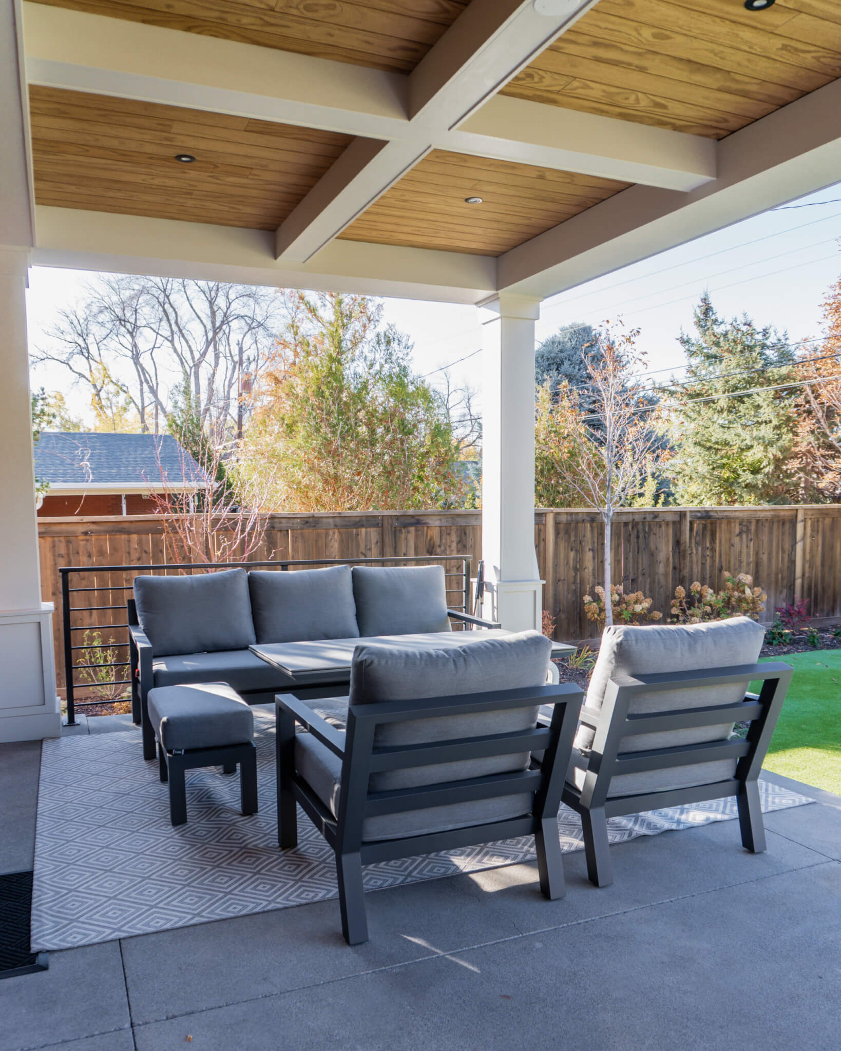 Seating on a covered patio.