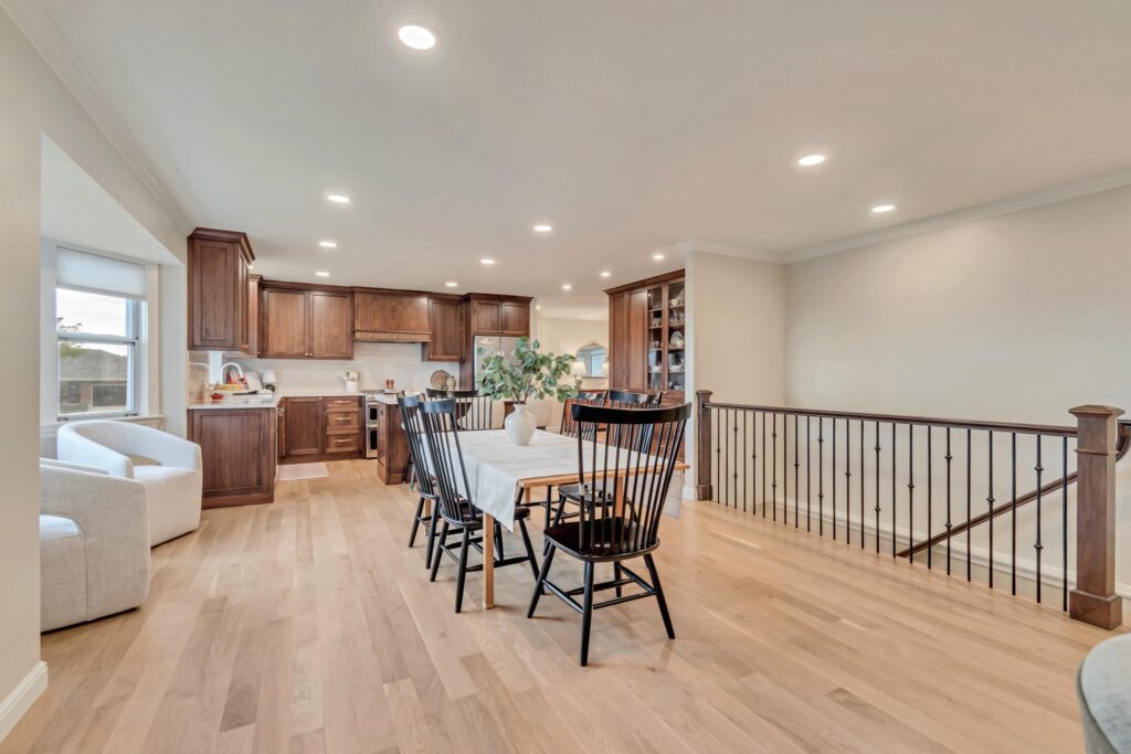 Open-concept dining room looking toward the kitchen.