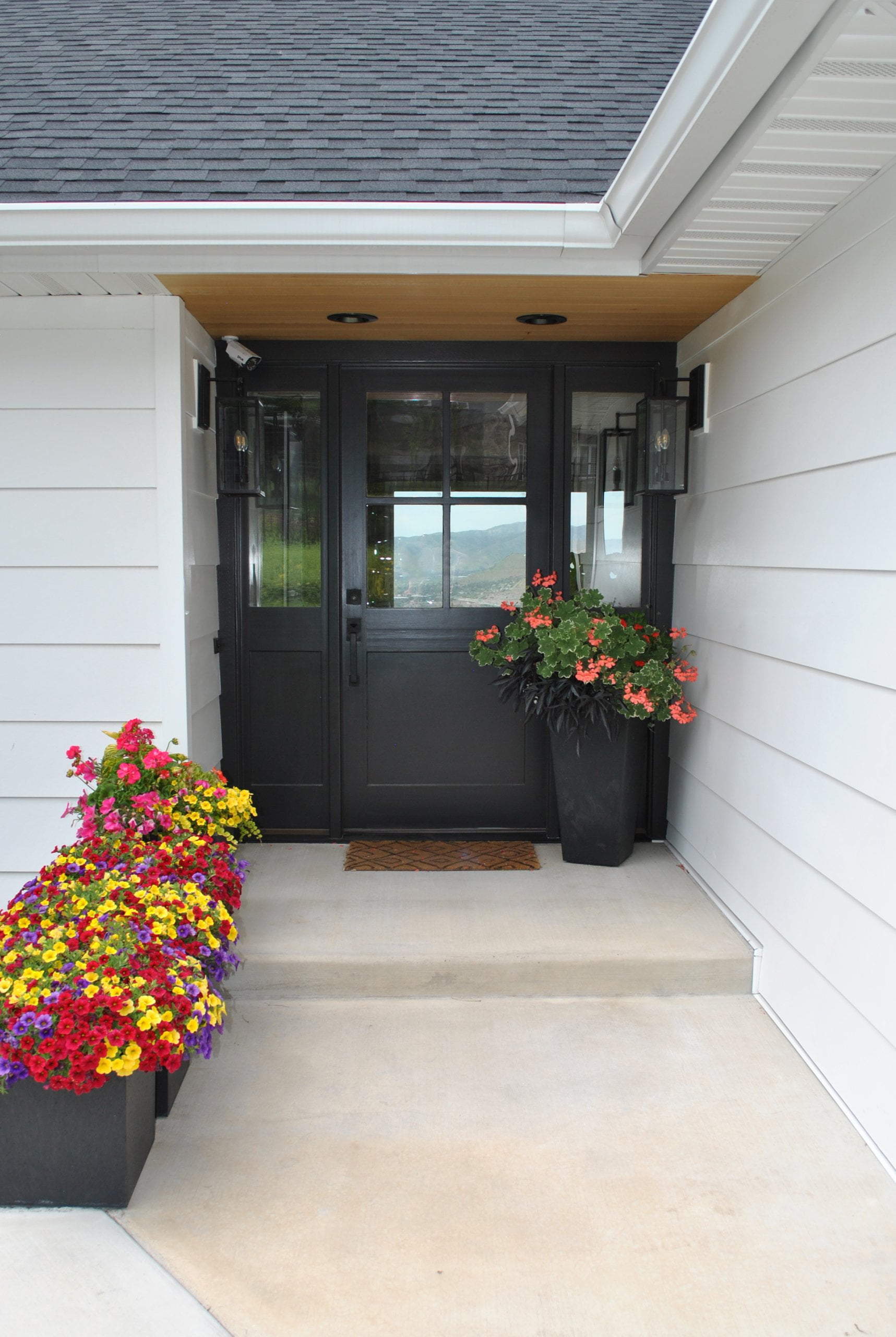 Front door with a small covered area and potted flowers.