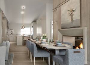Formal dining, double open fireplace, modern color scheme, soft colors, white, tan, blues