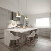 Modern kitchen, mellow color scheme, contemporary lighting