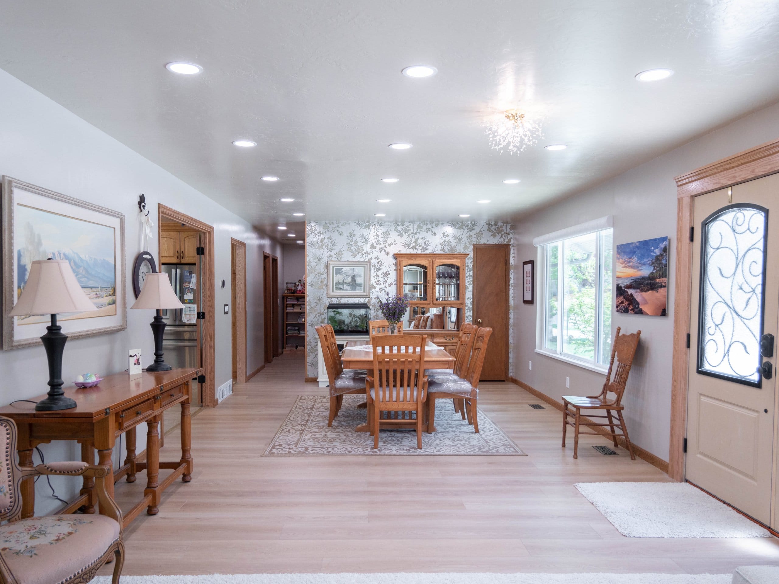 View from the living room, past the entryway, and to the dining room.