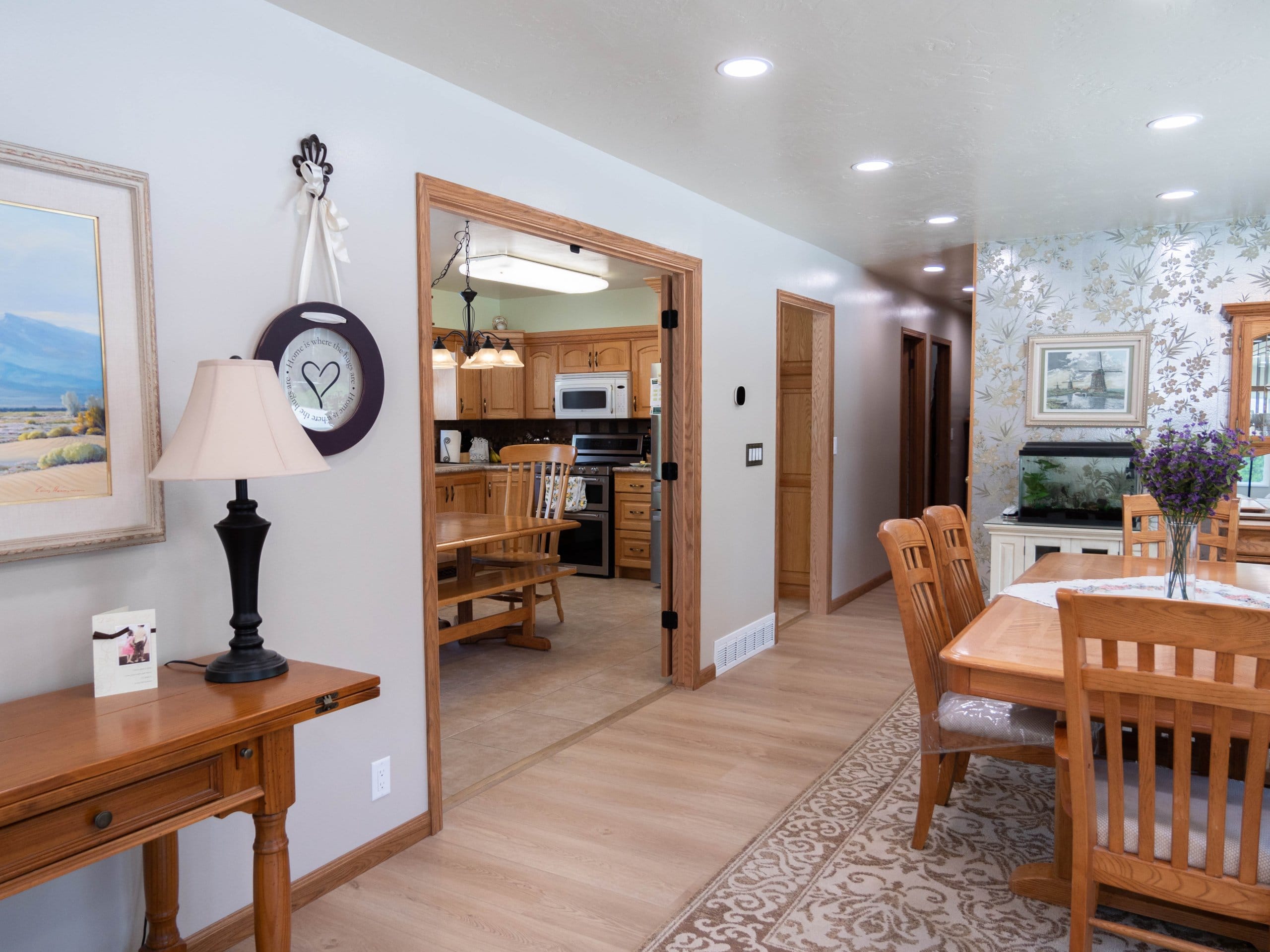 View from the dining room to the kitchen through the two doors.