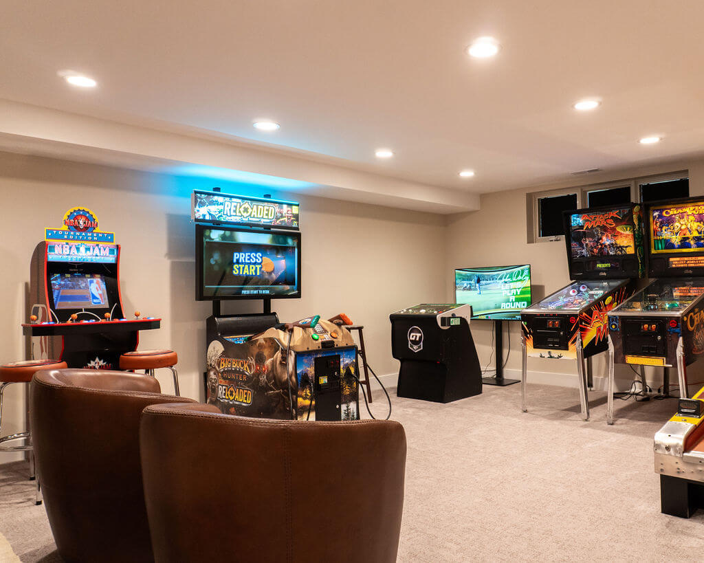 Basement game room with retro games.