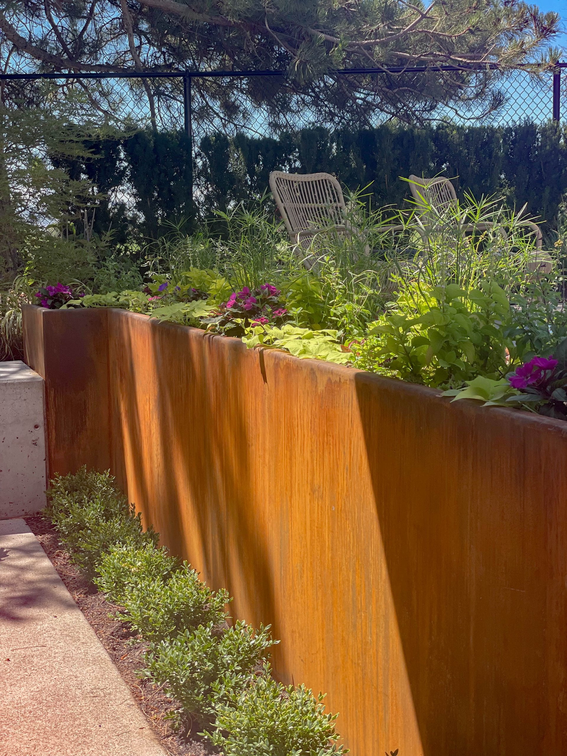 Metal retaining wall with plants.