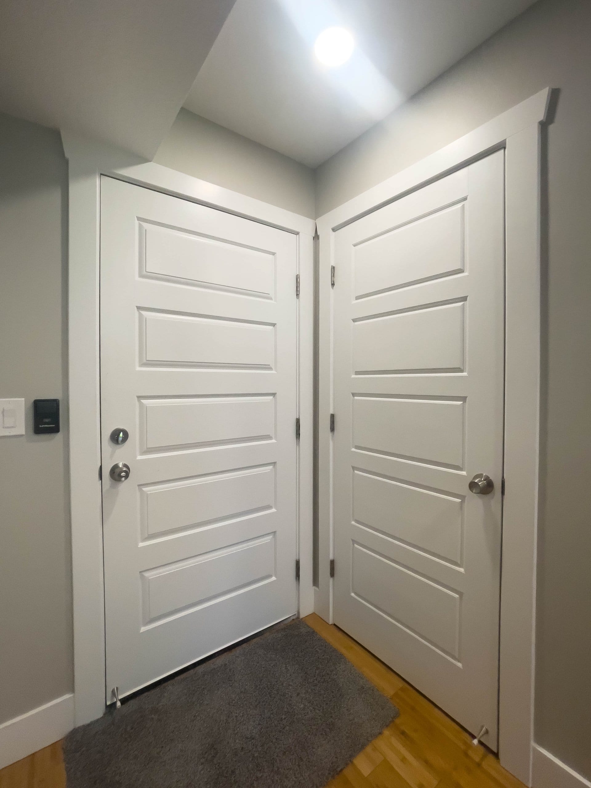 Two doors at 90 degrees with a small rug on the floor between.
