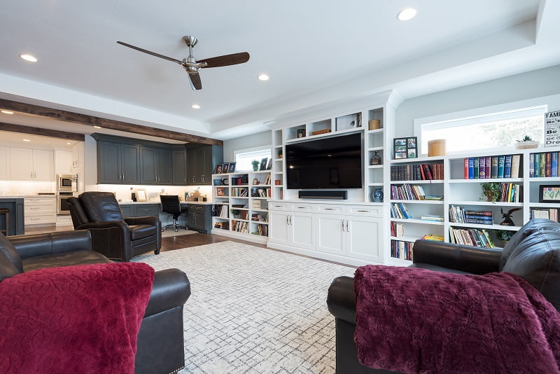 After, Great Room, Built in shelves, Kitchem, Office nook, Open Floor Plan, Modern Fixtures, entertainment center, Rambler | Renovation Design Group