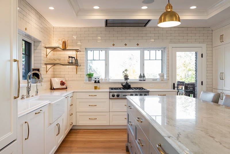 White contemporary kitchen ideas, farm sink, White