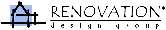 Renovation Design Group company logo featuring the outline of a house in front of a light blue square with "Renovation Design Group" written to the right.
