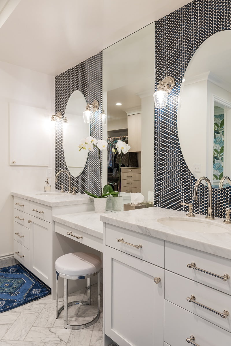 After, Interior, Master Bathroom, Steam Shower, Blue Tile, Custom Bathrooms, Master Bathroom Ideas, large Standing shower, Double sinks and vanities | Renovation Design Group