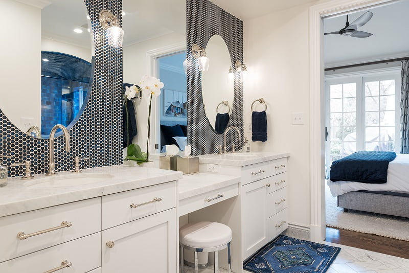After, Interior, Master Bathroom, Steam Shower, Blue Tile, Custom Bathrooms, Master Bathroom Ideas, large Standing shower, Double sinks and vanities | Renovation Design Group