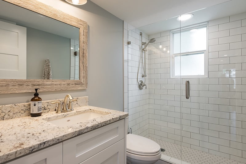 Batrooms, Cape home, deep sink, custom tile | Renovation Design Group