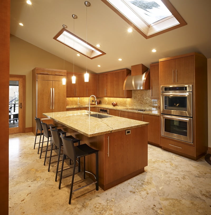 Contemporary, Modern, Kitchen, Skylights, Oven hoods, Range hoods, Hidden fridge, Tile, island sink, double ovens, fluch backsplash | Renovation Design Group
