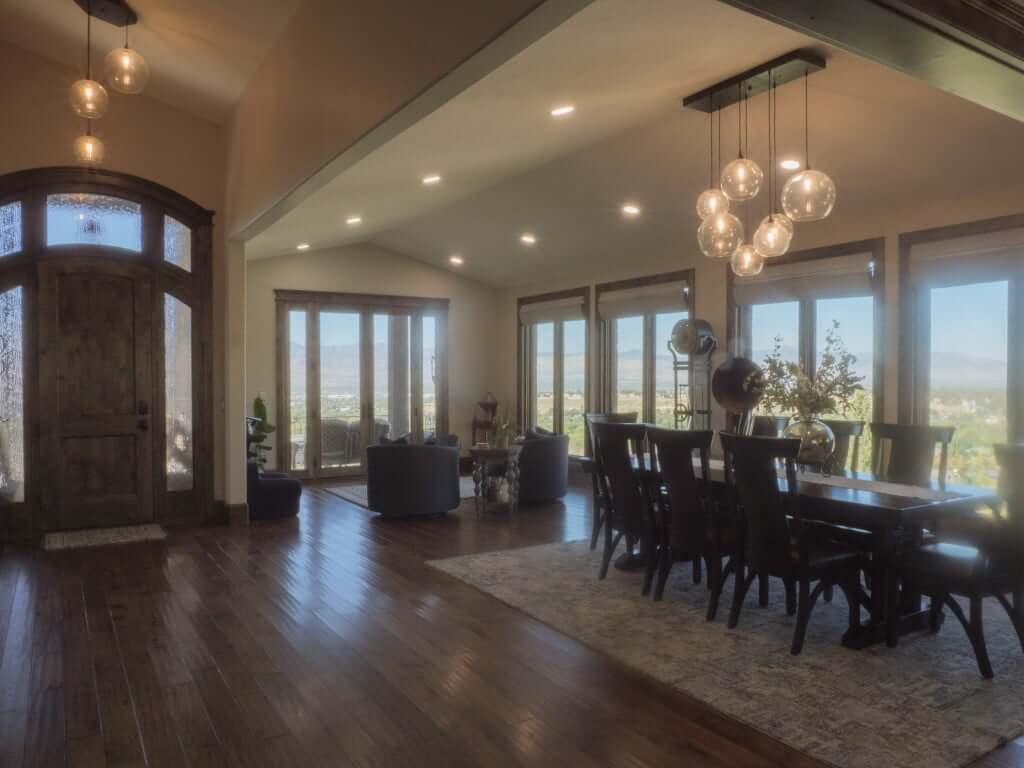 Entry of the home with a view to the sitting area and dining room.