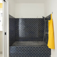 Thumbnail of http://At-home%20dog%20wash%20station.%20The%20dog%20wash%20is%20elevated%20from%20the%20floor%20and%20features%20blue%20tile.%20On%20the%20wall%20to%20the%20left%20is%20a%20pocket%20door,%20straight%20ahead%20is%20the%20dog%20wash,%20and%20on%20the%20right%20is%20a%20hook%20with%20a%20yellow%20apron.